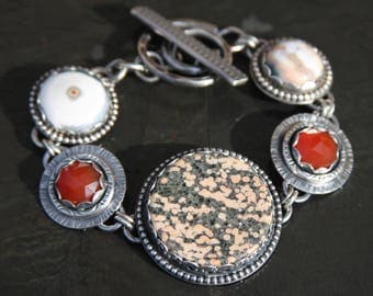 starry night obsidian, carnelian, ocean jasper, and sterling silver metalwork link bracelet