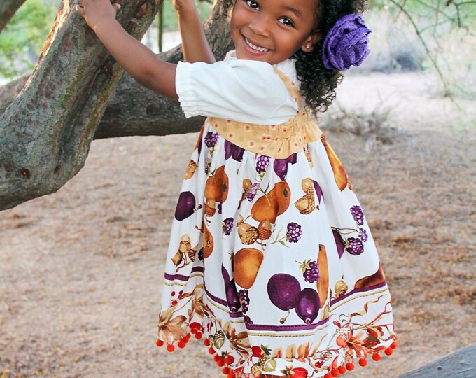 Thanksgiving Outfit - Baby Girl Dress - Toddler Clothes - Pom Pom Skirt - Big Bow - Peasant Blouse - Sizes 6 months to 8 years