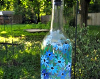 Hand Painted Dish Soap Dispenser, Clear Wine Bottle, Shades of Blue Flowers, Wine Bottle Soap Bottle, Oil and Vinegar Bottle