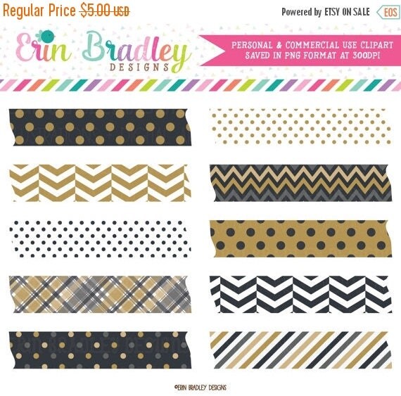 50% OFF SALE New Years Black & Gold Washi Tape Clipart Commercial Use Digital Clip Art Graphics INSTANT Download Il_570xn