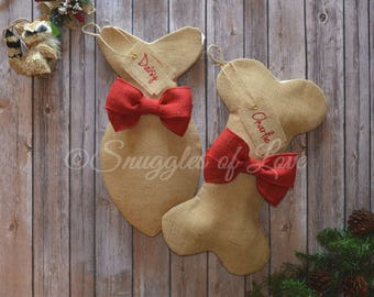 Burlap Pet Stockings - Personalized Burlap Dog and Cat Stockings - Burlap Dog Bone Stocking - Burlap Fish Stocking for Cats - Red Burlap Bow