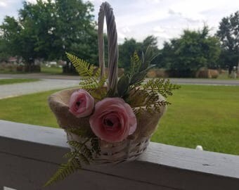 Rustic Country Burlap Whitewashed Flower Girl Basket with Blush Pink Rannuculus and Fern