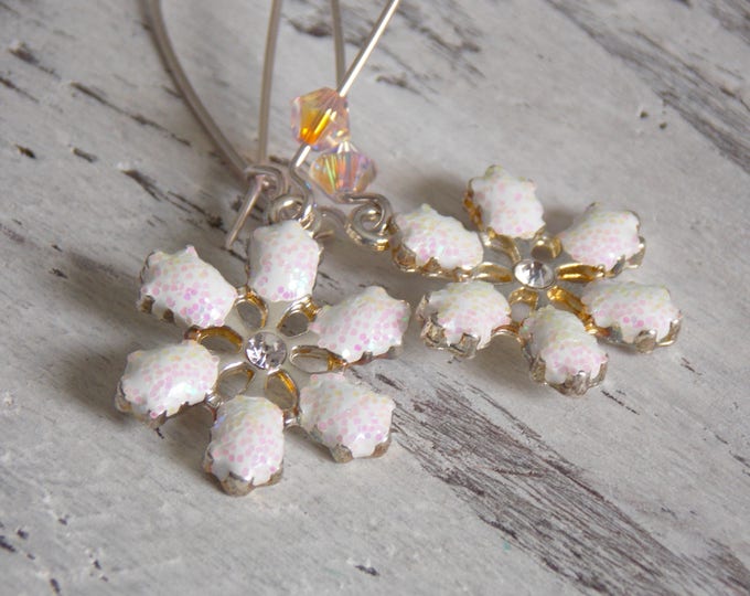 Snowflake Earrings, Holiday Jewelry, Christmas Earrings, Winter Jewelry, Glass Enamel Glitter Shimmer Earrings, Festive Jewelry