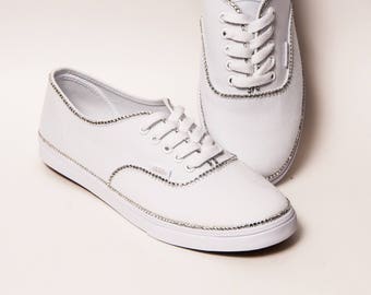 Rhinestone - Crystal Rimmed on White Vans Canvas Lo Pro Sneakers Shoes