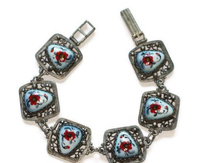 CIJ Sale Red Floral Porcelain Enameled Bracelet Russian Finift Enamel Silver Filigree Vintage