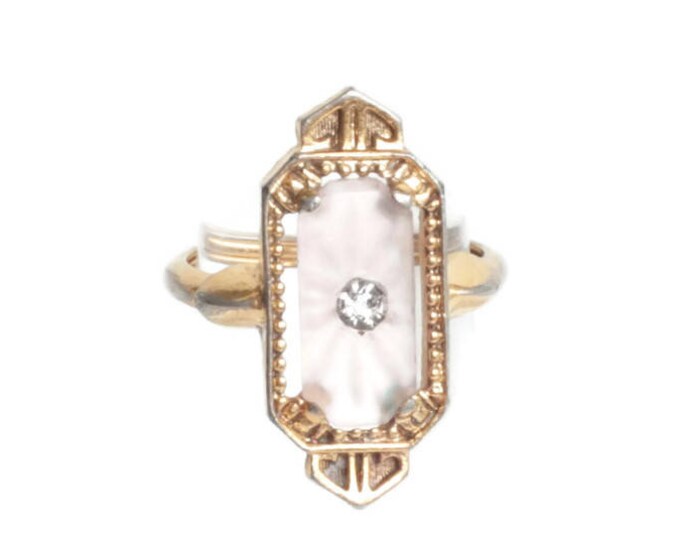 Avon Frostlights Faux Camphor Glass Ring 1977 Gold Tone Size 7 Art Deco Revival Vintage