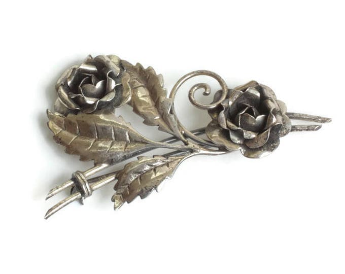 Retro Double Flower Sterling Brooch 1940s Vintage