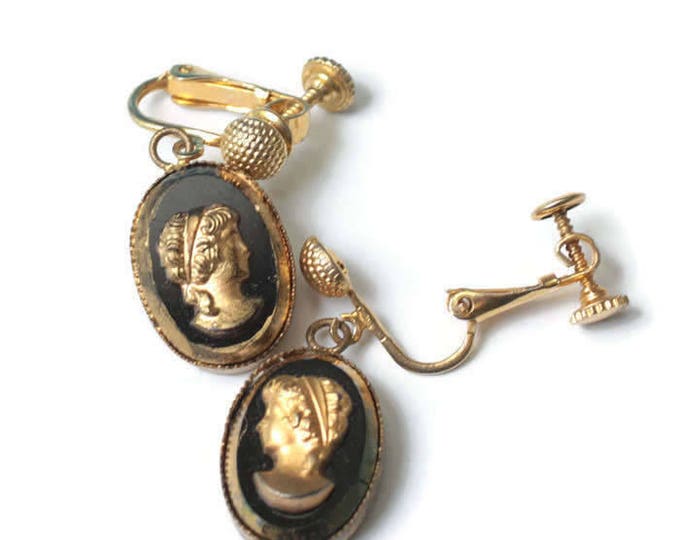 Gold and Black Cameo Earrings Dangle Adjustable Clip Vintage