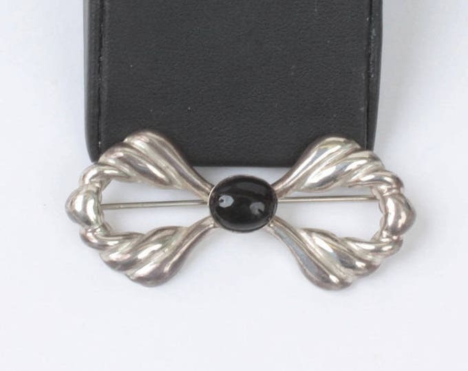 Sterling Silver and Onyx Bow Pin Brooch Open Repousse Design Vintage