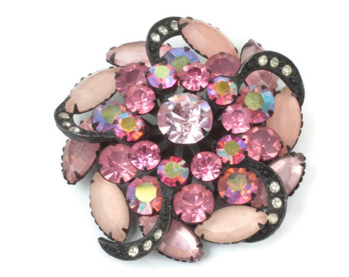Pink Rhinestone Pinwheel Brooch AB Frosted Stones Japanned Finish Dimensional Vintage