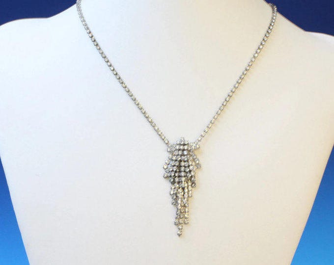 Clear Rhinestone Waterfall Pendant Necklace Vintage