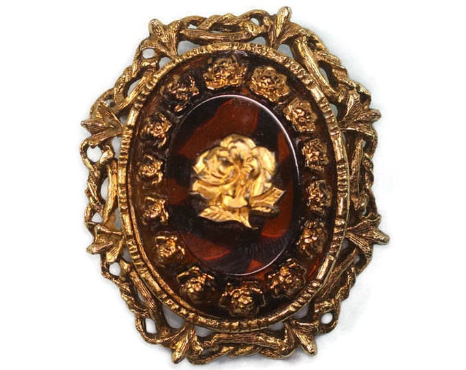 Gold Rose Cameo Brooch Pendant Faux Tortoiseshell Vintage