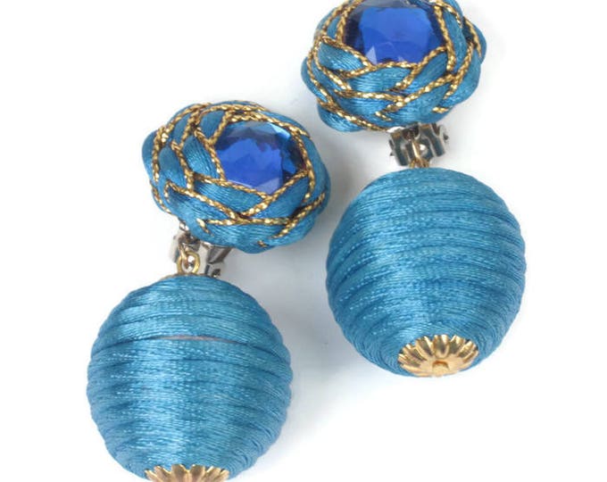 Blue Ball Dangle Earrings Cord Wrapped Handmade Large Statement Clip On Vintage