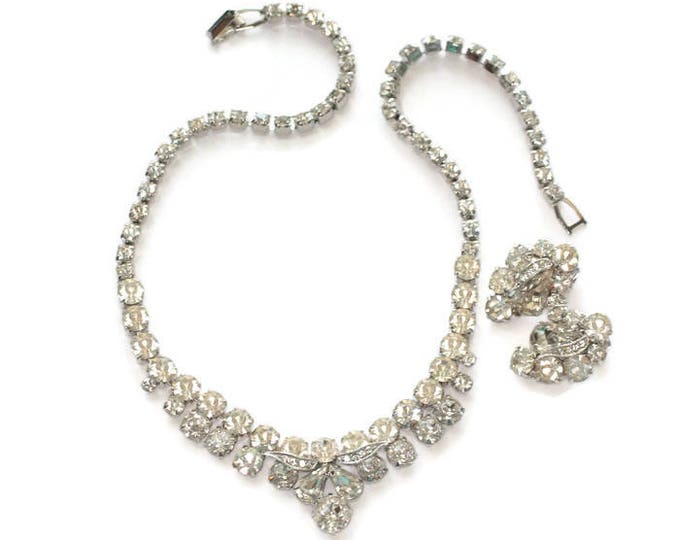 Weiss Clear Rhinestone Crystal Necklace Earrings Set Demi Parure Original Box