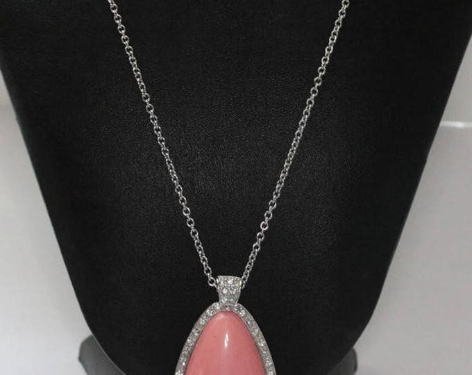Avon Pale Fire Pendant Necklace Faux Coral Rhinestones Silver Tone 1974