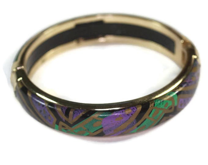 Purple Gold Teal Enameled Bangle Bracelet Hinged Abstract Design Vintage