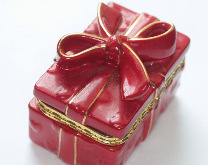 CZ Simulated Diamond Post Earrings with Red Ceramic Trinket Box Bow and Hearts