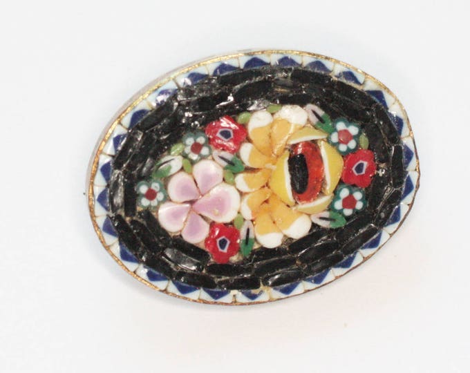 Oval Mosaic Tile Pin Floral Design Italy Signed Black Yellow Pink Red