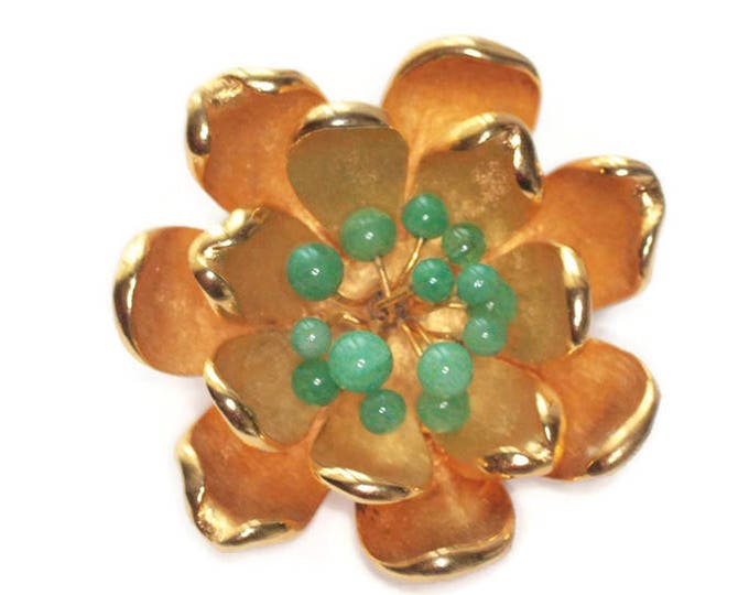 Gold Tone Dimensional Flower Brooch Green Glass Accents Vintage