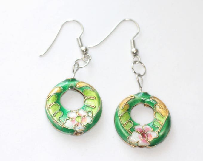 Cloisonne Dangle Earrings Floral Pink and Green Open Circle Shape