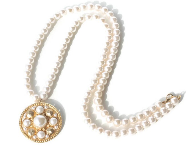 Long Faux Pearl Necklace with Chunky Medallion Pendant 36 Inch Necklace