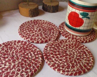 Red and Tan Coiled Fabric Coasters - Set of 4 Absorbent Coasters Handmade by Me