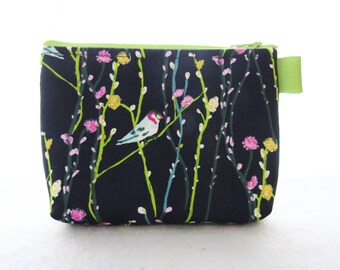 Bird on Vine Fabric Gadget Pouch Cosmetic Bag Zipper Pouch Makeup Bag Cotton Zip Pouch Art Gallery Petal Plume Navy Blue Lime Pink MTO