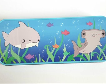Shark pencil tin, shark pencil case, cute pencil tin, kawaii shark, kawaii stationary, cute stationary, school supplies, back to school