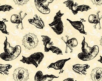 Under A SPELL Halloween Fabric Allover Cats, Hats, Crows, Skulls by Jennifer Pugh 82511 191