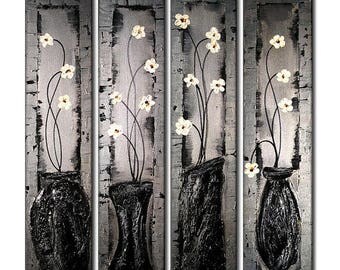 Contemporary Textured Palette Knife Silver Floral Metallic Painting by Henry Parsinia Large 32X36