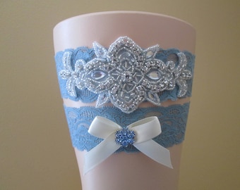 Something Blue Wedding Garter Set, Dusty Blue Bridal Garter, Powder Blue Lace Garters w/ Bling, Beads, Rustic- Vintage-Country Bride