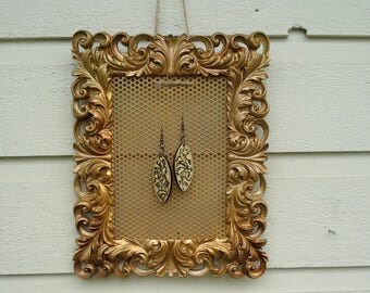 Earring Holder, vintage resin frame in an antique gold with detailed acanthus leaves, magnetic organizer for earrings or photos