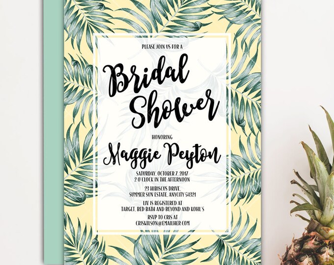 Tropical Brunch and Bubbly Bridal Shower Invitation, Tropical Leaves Luau Summer Bride Wedding Shower Printable Invitation
