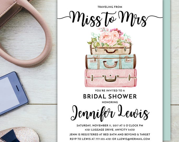 Travel Themed Wanderlust Luggage From Miss to Mrs Traveller Let the Adventure Begin Printable Bridal Shower Party Invitation