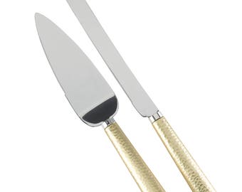 Personalized Gold Hammered Wedding Cake Knife Serving Set with Engraving Matte Gold Stylish Silver Server Hammered Gold