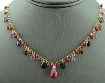 Ruby and Watermelon Tourmaline 14k Gold Filled Gemstone Necklace and Earrings Set