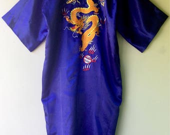 Bright Blue Vintage Satin DRAGON Robe // Large - Xl