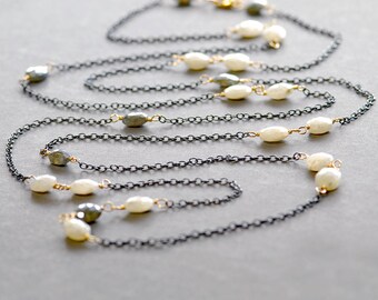 Bohemian Gemstone Necklace by Agusha. Long Silverite Necklace. Boho Oxidized Silver Necklace