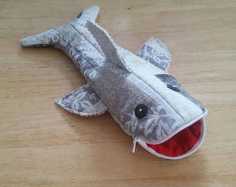 Gray Quilted Shark Pencil Case with zipper