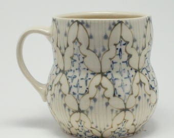 Handmade Wheel Thrown Ceramic Mug with Brown, Grey and Navy Blue Pattern
