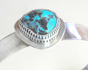 Nevada Turquoise Cuff, Gallery Bezel, Sterling Silver, Robins Egg Blue Turquoise Cab, Locally Mined and Polished, Ethical Stone, Made in USA