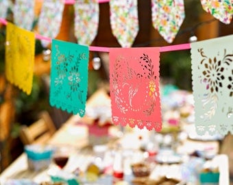 Papel Picado, Mexican fiesta banner,floral, fiesta birthday, Mexican paper- garland- fiesta decorations- floral banner- fiesta bridal shower