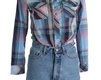 Vintage 90s Blue Pink Checked Cotton Top Blouse Lumberjack Boyfriend Shirt UK 6 US 4