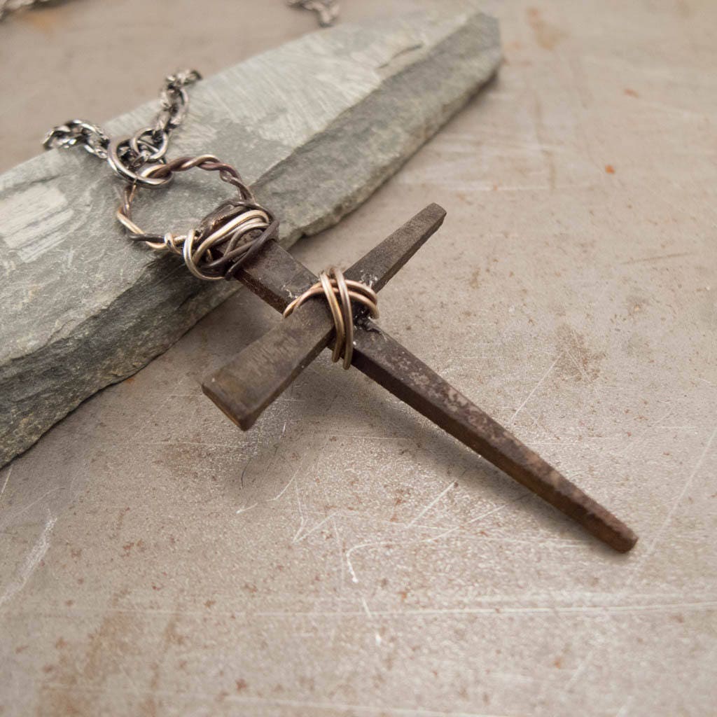 Rustic Medieval Rusty Nails Christian Cross Pendant Necklace