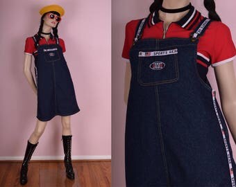 90s Sporty Denim Jumper Dress/ Medium/ 1990s/ Overall