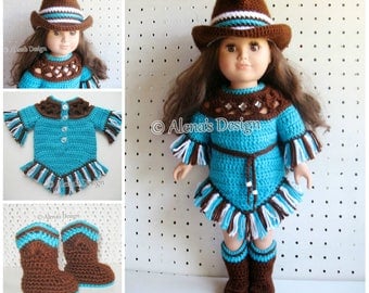 Western Doll Outfit Crochet Pattern Set 18 in Doll American Girl Doll Clothes Crochet Patterns Doll's Boots Cowgirl Hat Dress My Life As AG