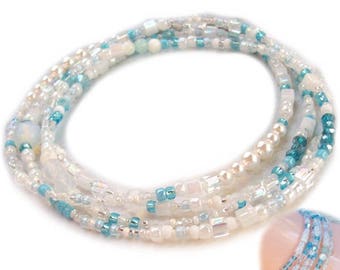 Ice Blue Wrap Bracelet, topaz beaded wrap, wrap necklace, pearls, moonstone, opal, gemstone, white, long, beaded necklace, boho, seed
