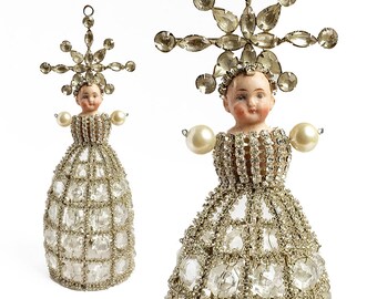 altered art doll, mixed media assemblage, crystal rhinestone chandelier, table top tree, by Elizabeth Rosen