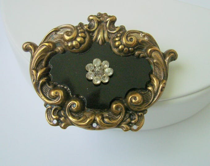 Antique Art Nouveau Black Glass Rhinestone Brooch / Ornate / Vintage Jewelry / Jewellery