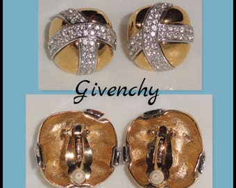 Glitzy Signed Designer GIVENCHY Paris New York Gold Tone & Clear Rhinestone Clip On Back Earrings